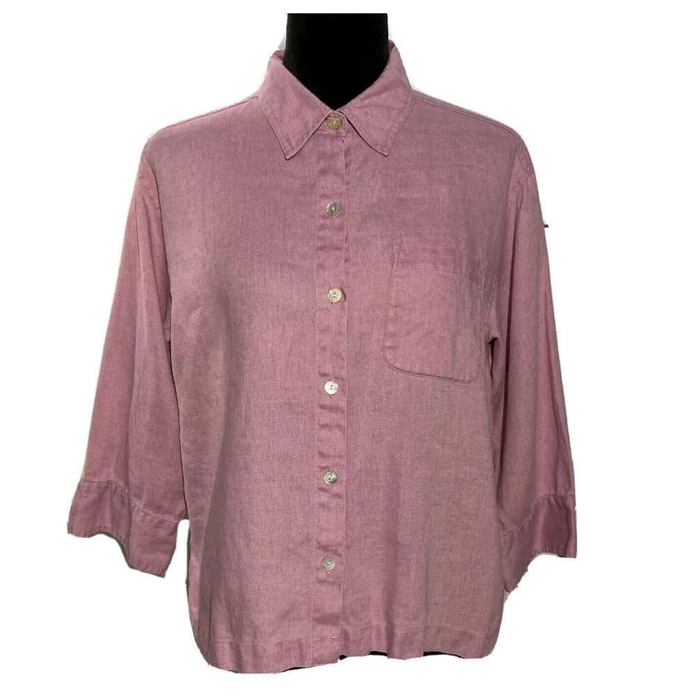 Chicos Design Shirt 1 US SMALL Purple 100% Linen Boxy Pocket Button Oversize Top